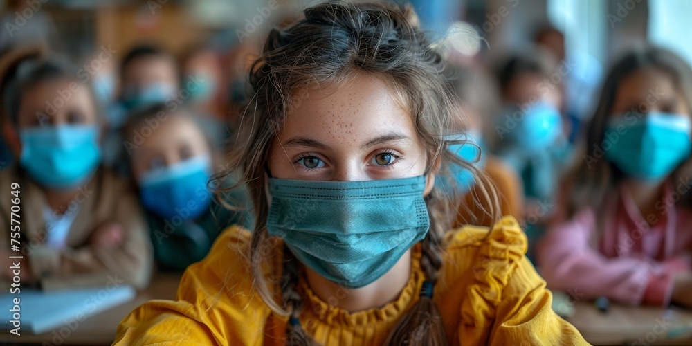 Children in a school wearing face masks for virus prevention, highlighting health and safety.