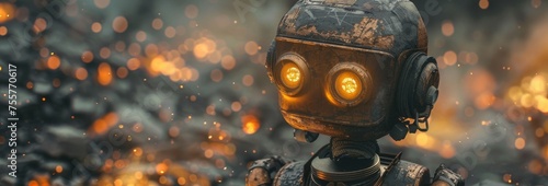 A headshot of a robot with glowing eyes, lost in thought amongst a mesmerizing dance of sparkling embers and ash.