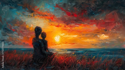This impressionist artwork captures a moment between two individuals seated by the sea, enveloped by the fiery colors of the setting sun.