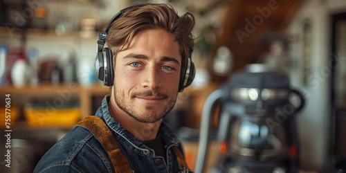 Portrait of a cheerful and handsome worker, wearing headphones, smiling while listening to music.