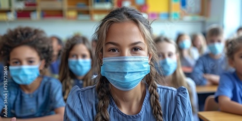 Schoolchildren wearing masks in a classroom, symbolizing education during the pandemic with a focus on safety.