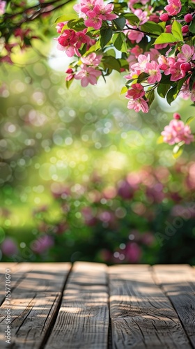Spring Table With Trees In Bloom And Defocused Sunny Garden In Background
