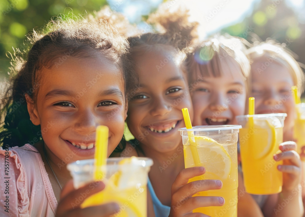 Group of mix raced children holding natural lemonade in park Group of mix raced children holding natural lemonade in park