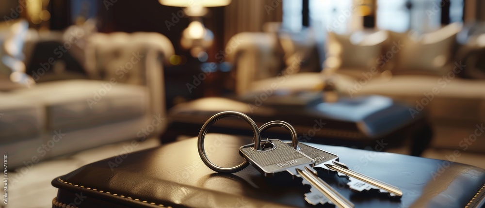 Keys rest on a table with a luxurious living room in the background Keys rest on a table with a luxurious living room in the background