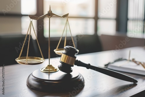 Judicial gavel and scales of justice on a desk a powerful representation of the legal system and the pursuit of fairness photo