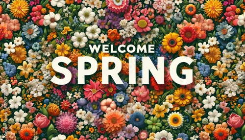 A dense and colorful garden of mixed flowers with the phrase WELCOME SPRING overlays on top