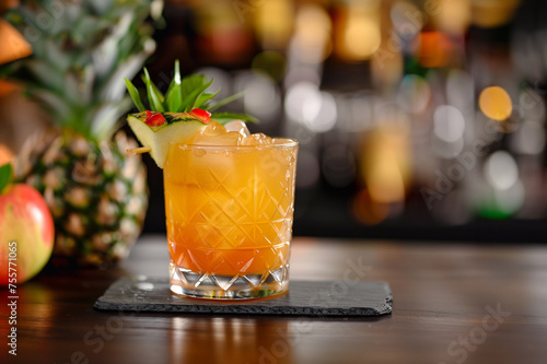 mai tai cocktail with pine apple and palm tree leaves on background