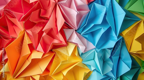 Multicolored Paper Geometric Origami Composition. Close-up of Colorful Folded Paper Design. Abstract Paper Art and Craft, Creative Wallpaper Concept for Design and Print