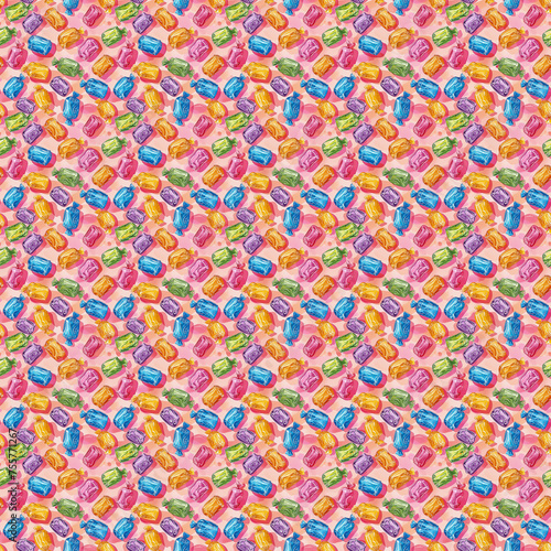 Seamless repeating pattern illustration of colorful sweets and candy.