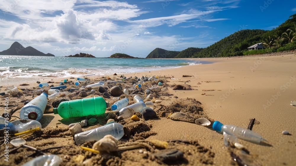 Polluted beaches with discarded plastic bottles Polluted beaches with discarded plastic bottles