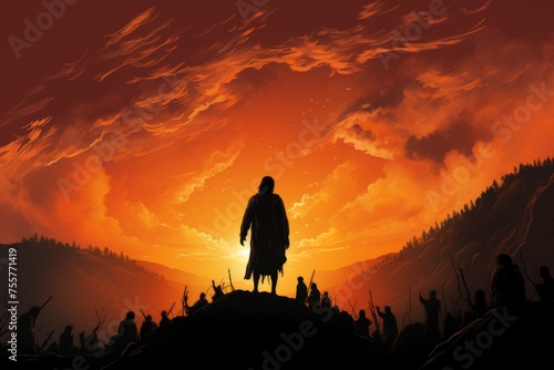 Silhouette of jesus preaching sermon on mountain top in ministry, biblical gospel teaching photo