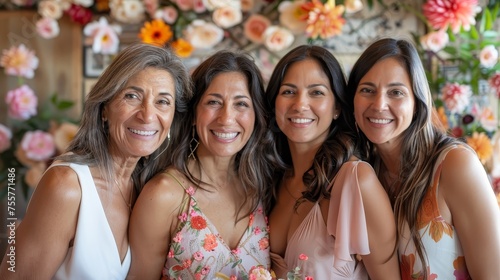 Four joyful women of different generations sharing a close bond, smiling together in a room adorned with floral decorations.
