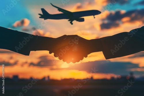 Silhouetted handshake with an aircraft descending in the background illustrating the reach and agreements of the travel industry photo