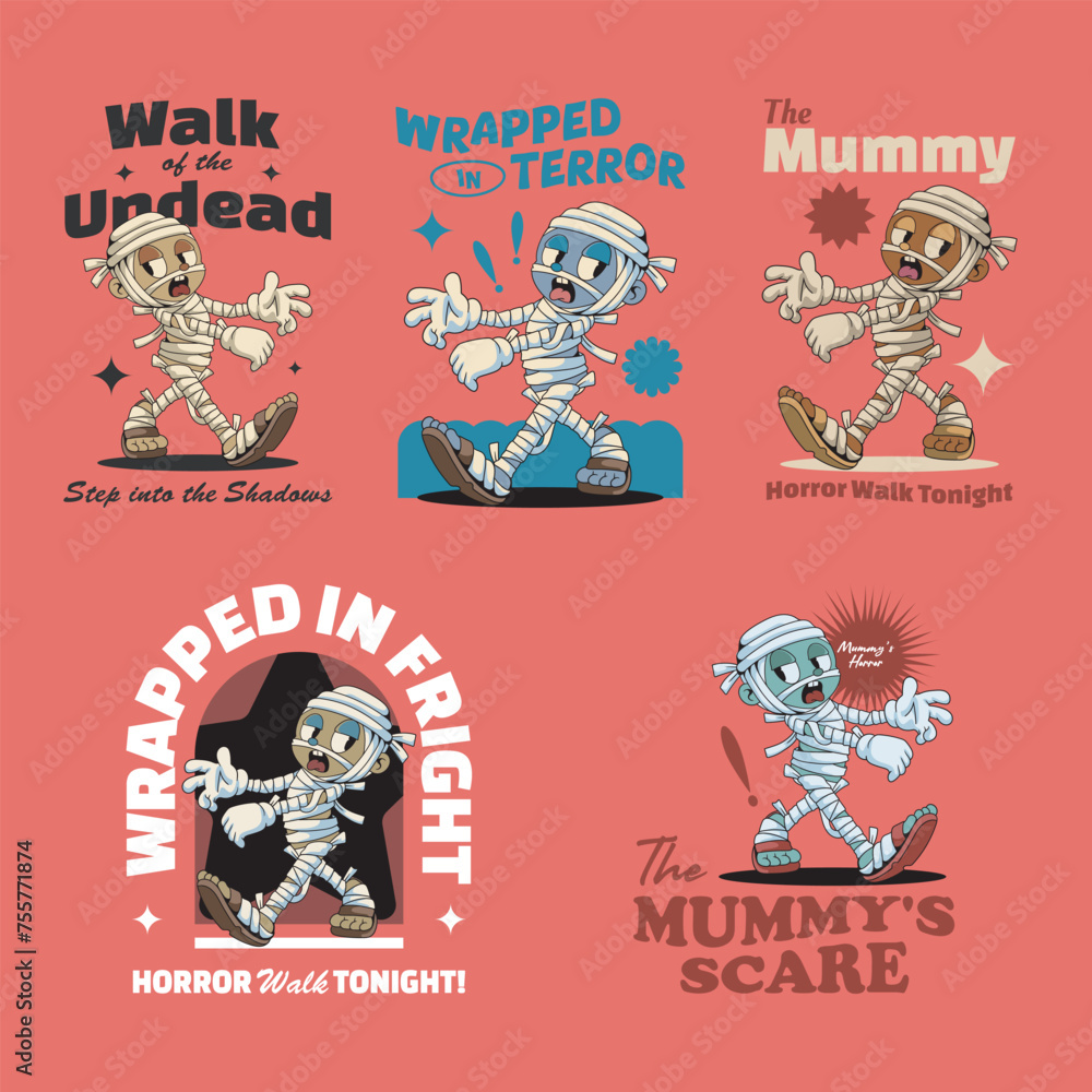 Set of Halloween Horror Cute Running and Chasing Mummies Egypt Retro Vintage Mascot Character Cartoon Illustration Design