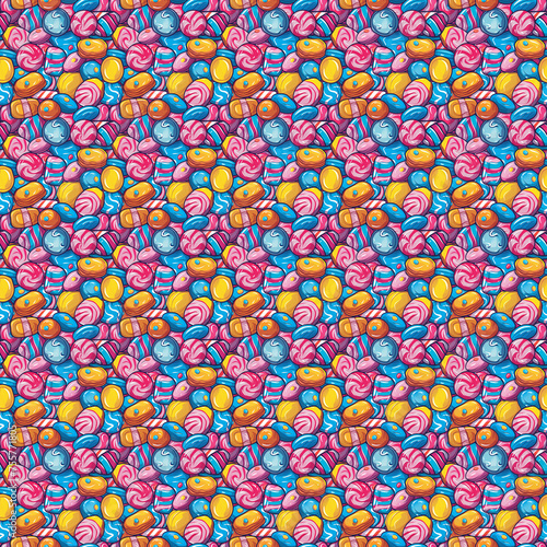 Seamless repeating pattern illustration of colorful sweets and candy.