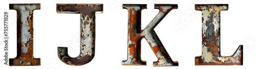 Old rusty metal alphabet Letter I, J, K, L Isolated on transparent background cutout - Generative AI	