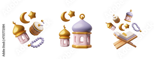 Ramadan holiday related items set, 3D realistic vector illustration isolated.