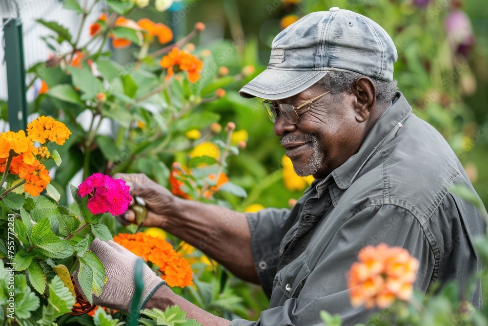 An African American gardener tending to vibrant flowers, radiating passion for nature An African American gardener tending to vibrant flowers, radiating passion for nature