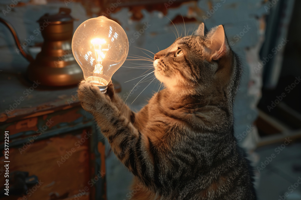 The cat stands on its hind legs and touches the glowing bulb of an ...