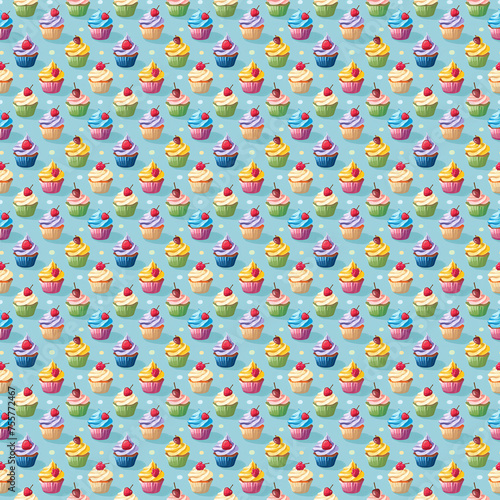 Seamless repeating decorative pattern of colorful cupcakes. 