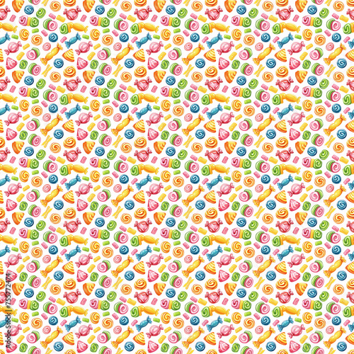 Seamless repeating pattern illustration of colorful sweets and candy.