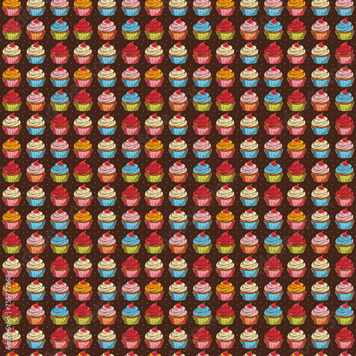 Seamless repeating decorative pattern of colorful cupcakes. 