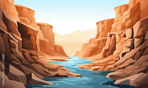 A canyon with a river vector simple 3d smooth cut isolated illustration