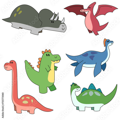 Vetor de um conjunto de dinossauros. Livro infantil, festas, brinquedos. photo