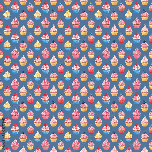 Seamless repeating decorative pattern of colorful cupcakes. 