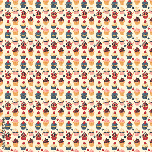 Seamless repeating decorative pattern of colorful cupcakes. 