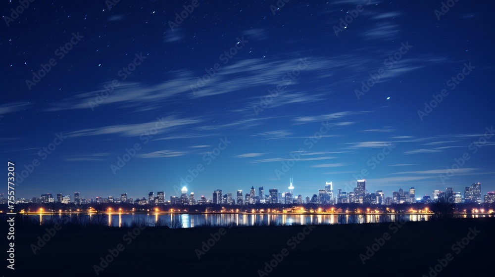 A cityscape with visible light pollution affecting celestial visibility