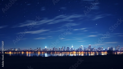 A cityscape with visible light pollution affecting celestial visibility