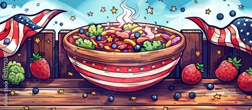 Steaming Helmet of Texas-style Chili Adorned with a Stars-and-Stripes Topping Pattern for a Patriotic Theme