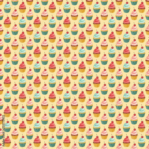 Seamless repeating decorative pattern of colorful cupcakes. 