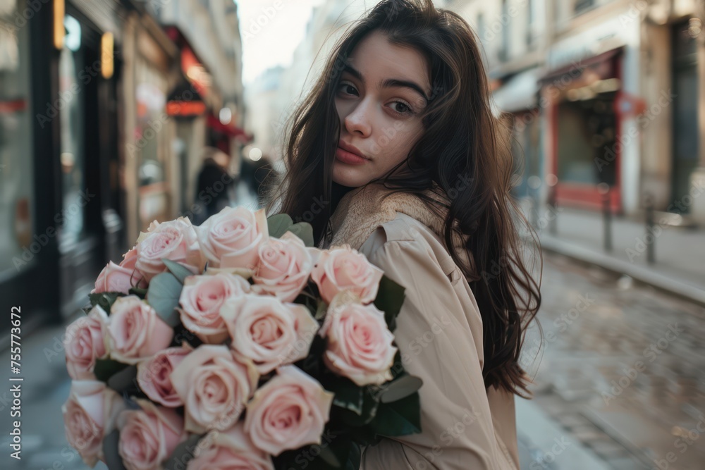 Beautiful model girl in Paris on the street with a large bouquet of roses,