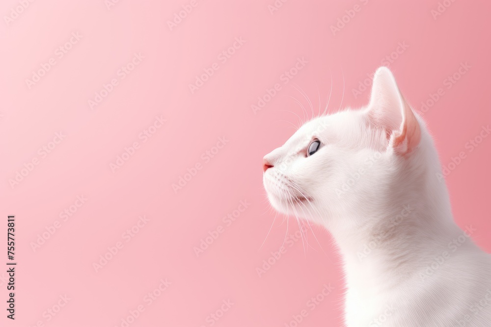 Cute and funny white cat sitting on light pink background. Banner or card about domestic pets with copy space for pet shop, food or veterinarian clinic