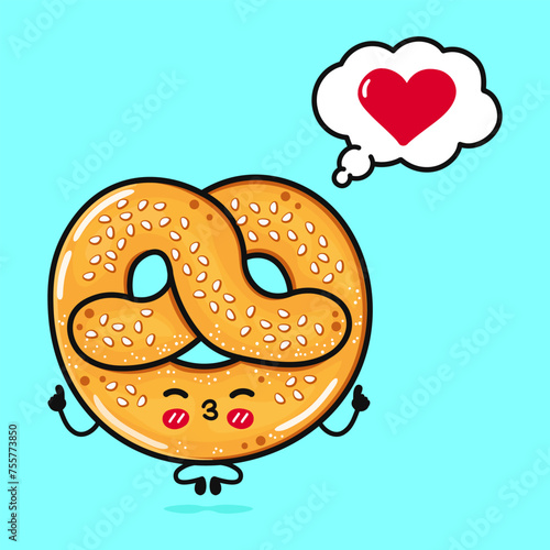 French pretzel doing yoga with speech bubble. Vector hand drawn cartoon kawaii character illustration icon. Isolated on blue background. French pretzel in love character concept