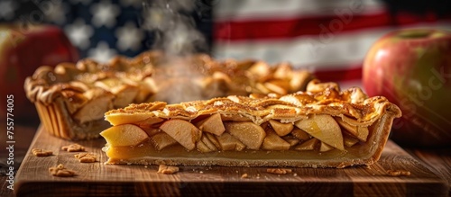 Iconic Apple Pie Slice on Wooden Cutting Board with American Flag Backdrop in Digital Painting