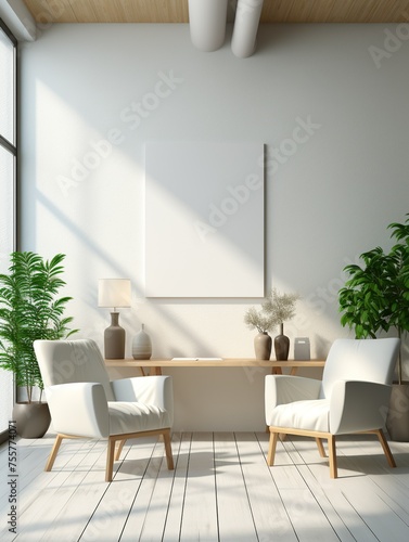 A white room with two chairs and a desk