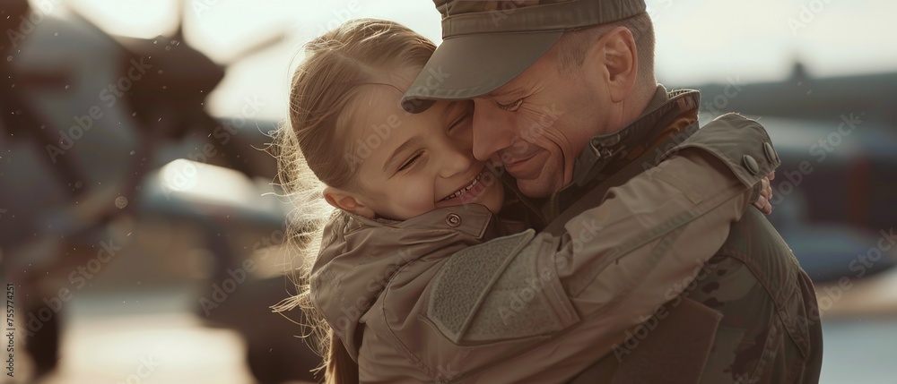 Military family, father and his daughter hugging