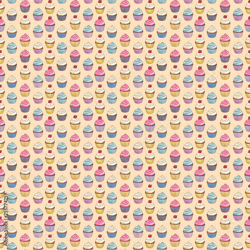 Seamless repeating decorative pattern of colorful cupcakes. 
