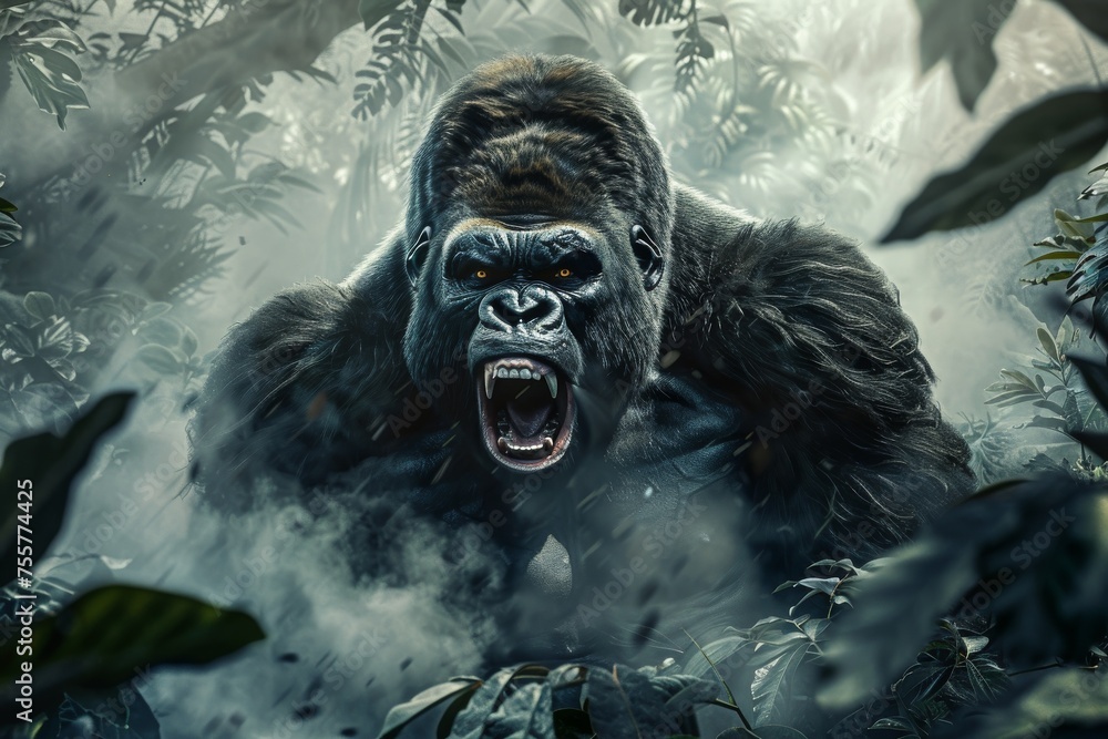 Angry gorilla in a dense jungle mouth wide open in a roar eyes glaring surrounded by thick foliage and misty air
