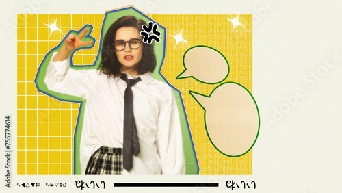Young woman in glasses making peace sign with speech bubbles and a pop art style background. Contemporary art collage. Concept of y2k art, generation z youth culture, fashion and lifestyle photo