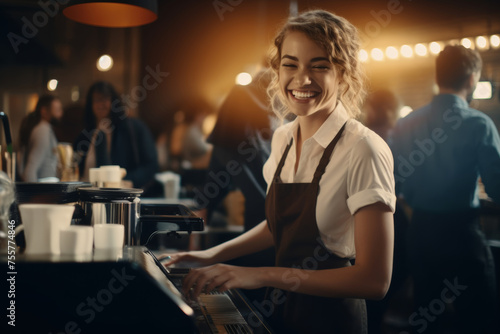 Joyful barista making coffee, warm cafe atmosphere © Archil
