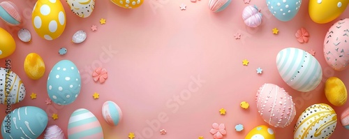 Happy Easter day frame background with eggs and empty copy space Generative Ai 