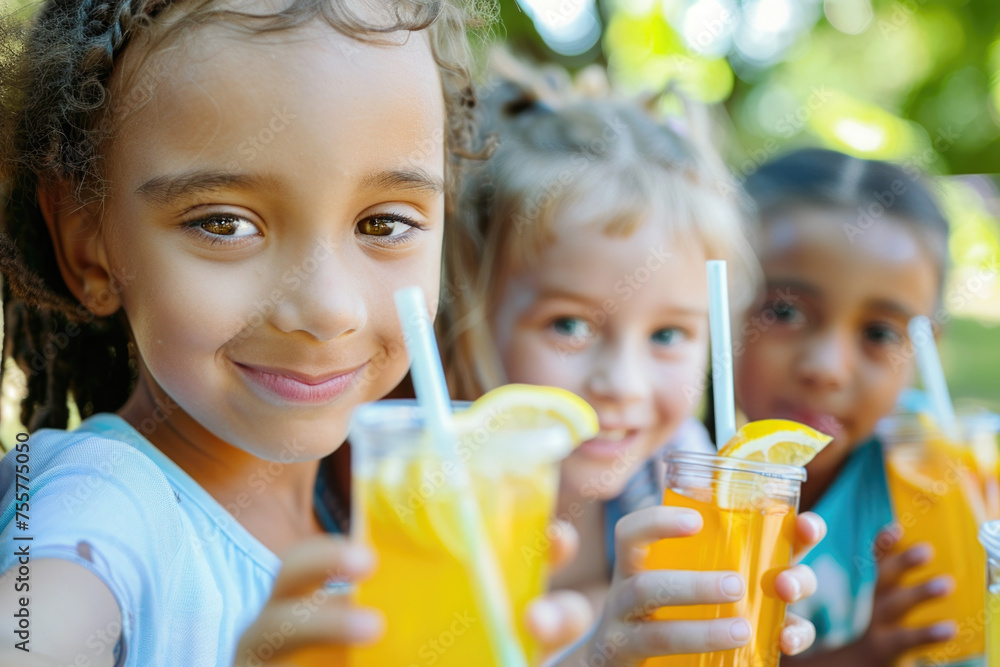 Group of mix raced children holding natural lemonade in park Group of mix raced children holding natural lemonade in park