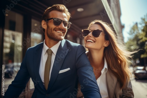 Joyful couple riding a scooter in the city, dressed in business attire and enjoying the urban vibe.