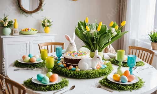 Warm and spring dining room interior with easter accessories, round table