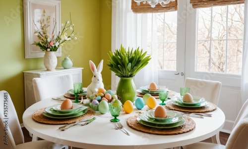Warm and spring dining room interior with easter accessories, round table