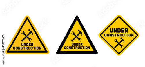 Under-construction traffic sign. Mallet or hammers icon. tappet wrench and screwdriver Repair, worker tools. Look after, do not enter, work in progress. Signboard.